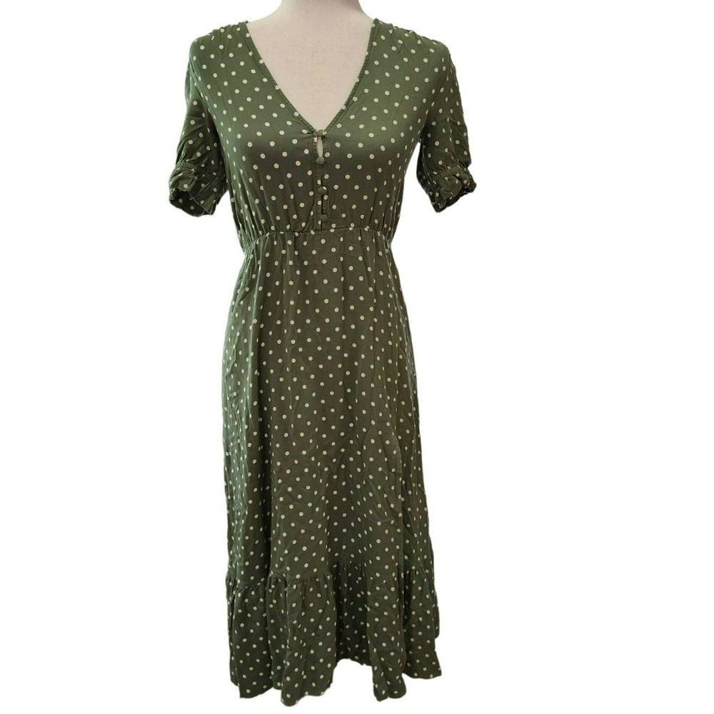 Zara Olive Green And Cream Polka Dot Short Puff Sleeve‎ Midi Dress Size XS